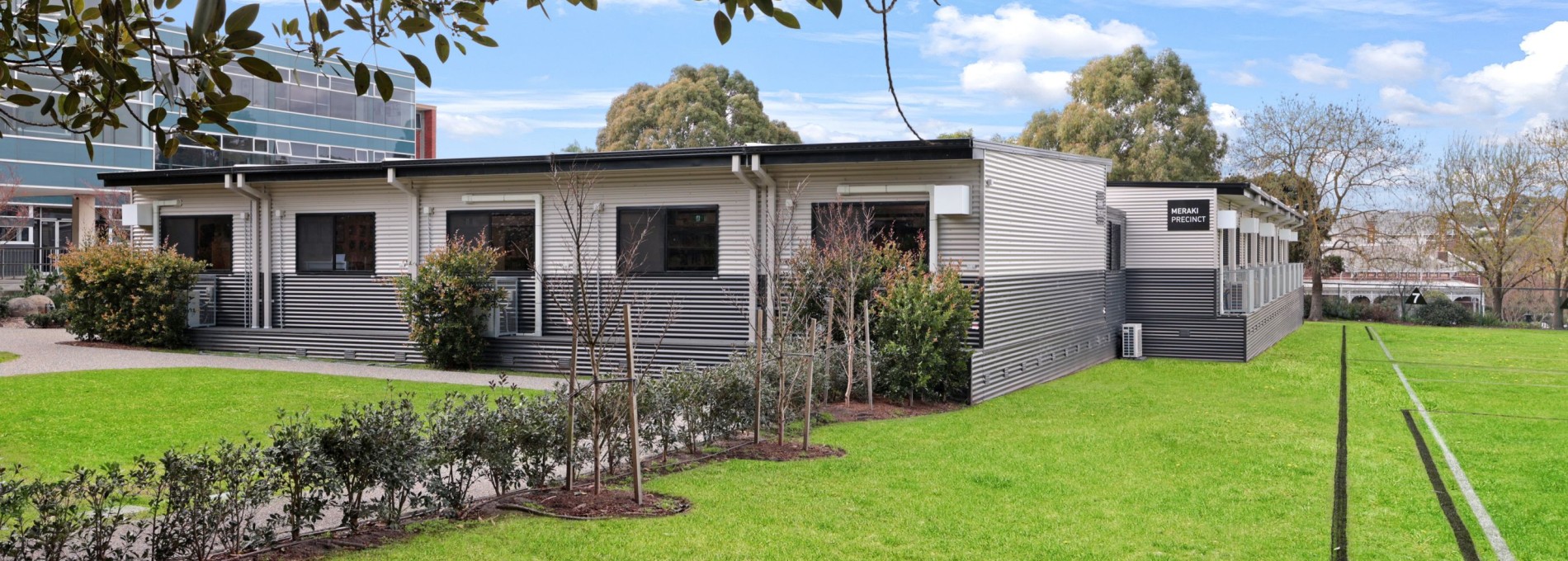 Demountable classrooms near sports fields