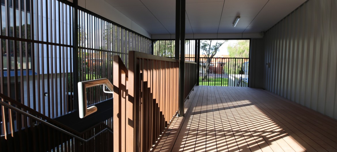 Covered walkways with wooden cladding for Shenton College 