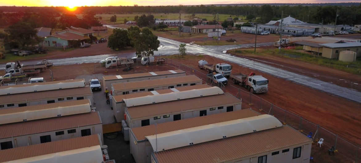 Aerial View of Mining Accommodation Buildings in Remote Landscape