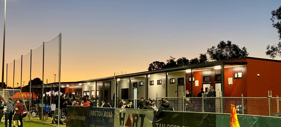 Exterior Sports Changeroom and Canteen with Sponsor Partitions and Patrons