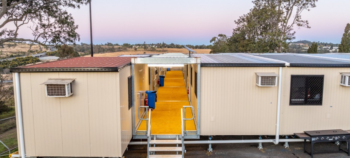 An aerial view of one of the coverflex walkways connecting the site offices together