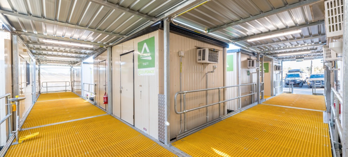 A wide view of Ausco's yellow coverflex walkway that links the various buildings together 
